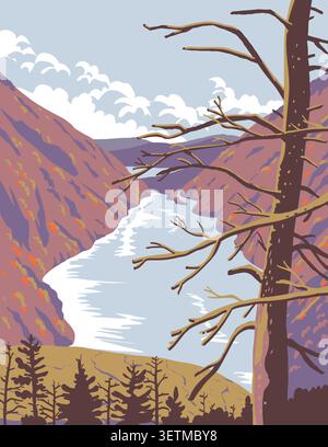 WPA poster art of showing the Lower Ausable Lake from Indian Head in the Adirondack Park of upstate New York USA done in works project administration Stock Vector