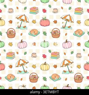 Cozy autumn seamless pattern with cute pumpkins and sleeping cats on check grid Stock Vector