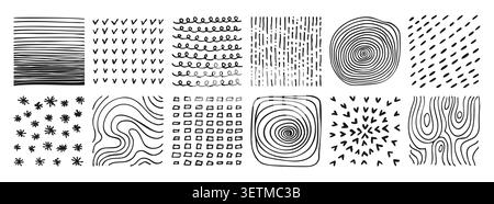 Hand drawn square abstract backgrounds patterns set. Doodle spots, drops brush strokes crayon curves lines scribble circle shapes. Trendy patterns for posters, social media icons decorative templates Stock Vector