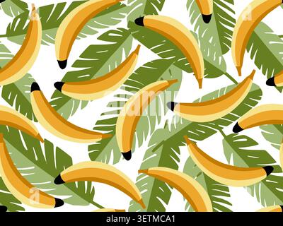Banana and exotic leaves seamless pattern. Fruit drawing vector illustration. Yellow and green background. Tropic wallpaper.  Stock Vector