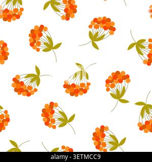Orange rowan berry clusters and green leaves seamless pattern, autumn botanical ornament for seasonal textile, wrapping paper, fabric, clothing, decor, crafts and backgrounds Stock Vector