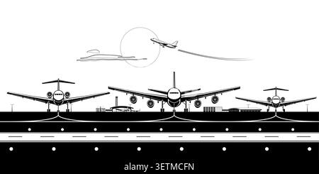 Passenger airplanes at airport runway – vector illustration Stock Vector