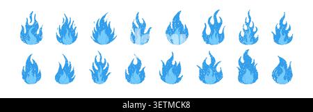 Crayon fire. Flames with brush doodle texture. Wax scribble shape or sticker. Chalk collage with blue wildfire. Vector retro hand drawn icons Stock Vector