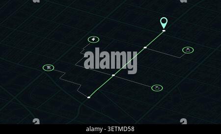 Detailed city street map with various points of interest. GPS tracking system to navigate and find way around the city landmarks, directions to Stock Vector