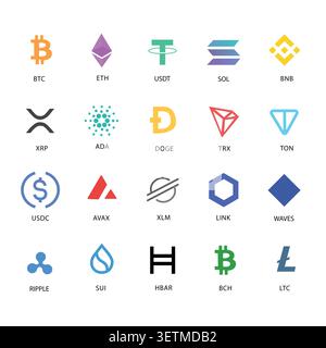 Popular crypto icons set for fintech apps, exchanges, blogs, banners, websites Stock Vector