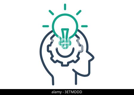 Insight line icon. of a human head containing a dark blue gear and a bright green, glowing lightbulb sitting on top of the head Stock Vector