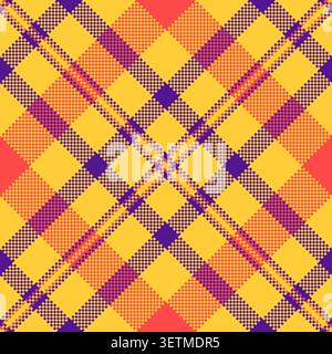 Vibrant yellow and purple pixelated plaid pattern featuring a modern geometric style. Perfect for bold textile designs, website backgrounds, digital a Stock Vector