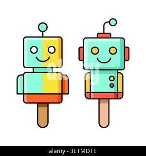 Two Cute Cartoon Robot Characters on Wooden Sticks Illustration Stock Vector