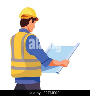 Flat vector illustration of a construction engineer reviewing blueprints, representing project planning, site management, engineering, and building de Stock Vector