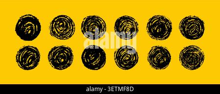 Brush sun rough. Black grunge circle with ink blobs and grainy texture on yellow background. Vector illustration Stock Vector