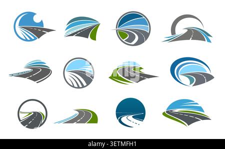 Highway road vector icons or emblems. Long straight and curved motorway, route and freeway stretching into the distance under skies. Car rental, delivery service, transportation and travel app symbols Stock Vector