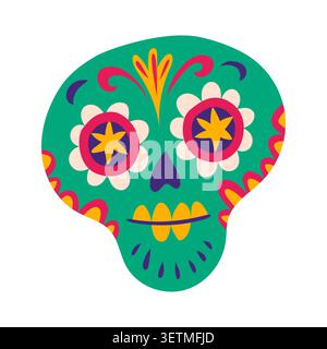 Day of the Dead Mexican green colorful sugar skull. Hispanic culture sugar skull, Dia de Los Muertos vector decoration. Day of the Dead skeleton head with symmetrical floral flower petal ornaments Stock Vector