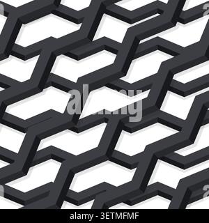 3D geometric pattern with black zig zag bands layered on white background, abstract modern grid texture for architectural and tech design backdrops Stock Vector