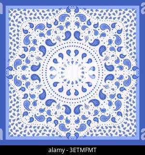 Blue paisley bandana print, mandala symmetrical layout. Radial composition of ornate teardrops scarf design. Monochrome cobalt and white palette Stock Vector