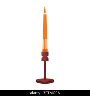 Tall orange taper candle in a brown candlestick holder isolated vector illustration flat Stock Vector