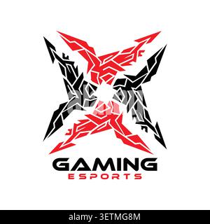 Dynamic abstract shuriken esports gaming logo featuring four sharp blade-inspired elements, aggressive geometric construction, and a futuristic compet Stock Vector