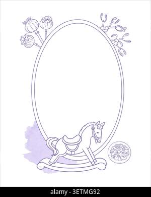 Hand drawn christmas oval frame vector illustration violet ink contour. Vintage winter holiday botanical border with rocking horse poppy heads Stock Vector
