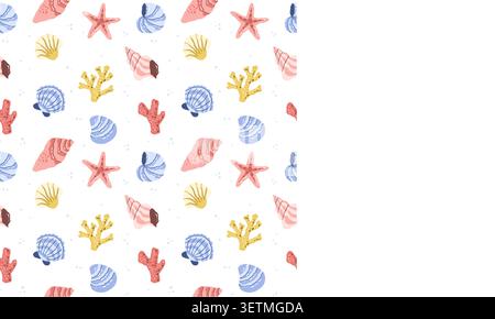 Sea shells pattern starfish and corals. Marine underwater summer background. Hand drawn vector illustration in simple naive style Stock Vector