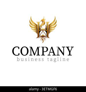 Luxury letter H logo featuring a majestic phoenix, elegant wings, and an hourglass seamlessly integrated into a premium golden design. This sophistica Stock Vector