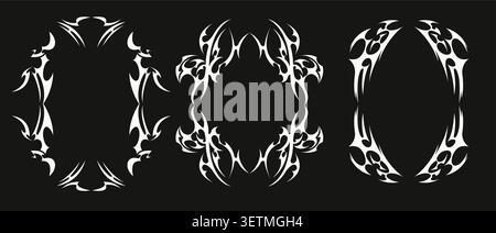 Tribal Y2K tattoo, gothic frames with abstract flame ornaments, sharp pattern, white vector set isolated on black background. Neo tribal rectangular, oval border designs with spiky, horn elements Stock Vector