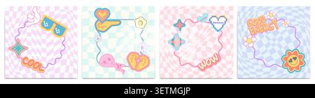 Girly y2k frame set with cute groovy icons on psychedelic background. Vector set of line borders with dreamy pastel heart, cool smiling flower, abstract funky pattern, trendy geometric design Stock Vector