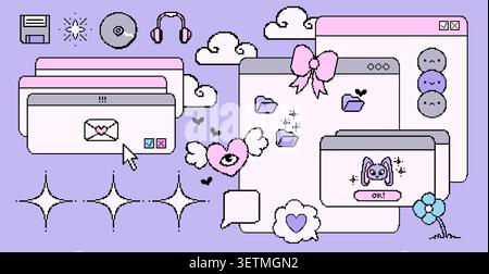 Nostalgic 90s computer interface set with retro digital elements. Vector illustration of cute pixel icons, cursor arrow, love message windows, folders and colorful heart and bunny emoji stickers Stock Vector