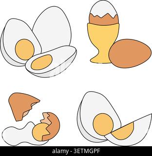 Icon of two eggs in an egg cup. and whole Egg Colored composition set hand drawn illustration. Vector graphic line art. For poster, flyer, banner, inv Stock Vector