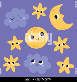 Set of stickers in various shapes: stars, moons and clouds. Collection of cute flat elements. Hand-drawn vector illustration. Isolated background. Stock Vector