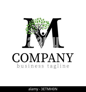 Creative and professional letter M logo featuring a flourishing green tree and human figure seamlessly integrated into the design. This premium vector Stock Vector
