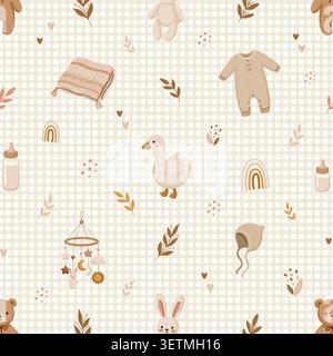 Boho baby nursery seamless pattern with cute ducklings and strollers Stock Vector
