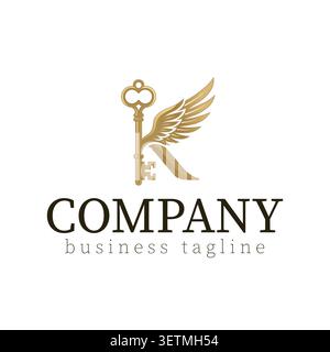 Luxury letter K logo featuring an elegant golden key and majestic wing seamlessly integrated into a sophisticated design. This premium vector logo sym Stock Vector