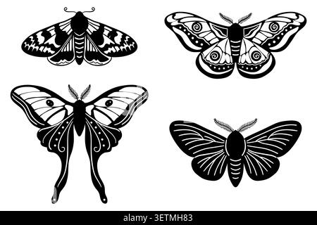 Linocut style black and white mystical moths and butterflies set Stock Vector