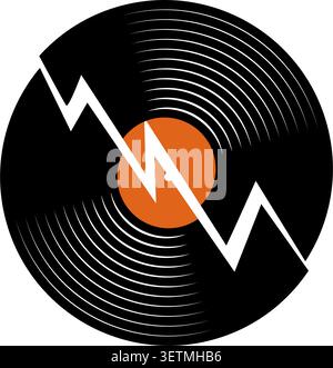 Broken vinyl record split into two pieces. Destroyed long play music plate isolated on white background. Cracked DJ disc. Vector flat illustration. Stock Vector