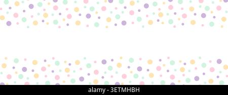 Top and bottom borders with cute colorful dots print. Polka dot background. Falling confetti pattern. Birthday celebration banner. Happy vibes wallpaper. Vector flat illustration. Stock Vector