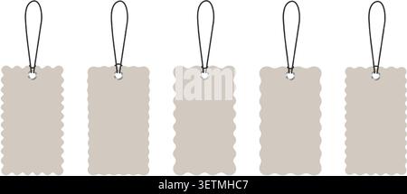 Set of rectangular paper tags with scalloped borders, holes and threads isolated on white background. Blank price labels, shop discounts, luggage badges or gift coupons mockups. Vector illustration. Stock Vector