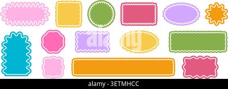 Set of cute geometric shapes with curvy edges and transparent border lines. Basic undulated forms isolated on white background. Empty stamps, stickers, tags or labels. Vector flat illustration. Stock Vector