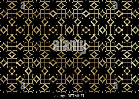 Art deco pattern with repeated golden flower shapes on black background. Luxury floral grid. Elegant minimalistic wallpaper. Golden Arabian or Japanese print. Abstract ornament. Vector illustration. Stock Vector