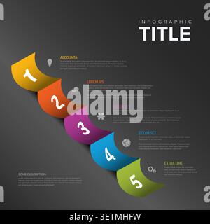 Professional infographic template featuring a vertical banner with five numbered steps. This infographic vector uses colorful ribbons and icons to dis Stock Vector