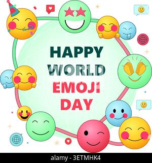 A vibrant illustration celebrating Happy World Emoji Day with various expressive emojis circling a globe outline, symbolizing global digital communica Stock Vector