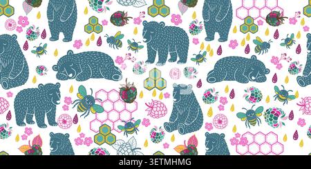 Bear, honey, and raspberries unusual seamless pattern. Hand drawn. Not AI, vector illustration. Stock Vector