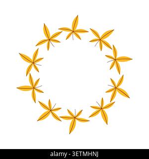 Autumn leaf wreath with yellow foliage, minimal hand drawn round frame vector illustration for wedding invitation, card and logo design Stock Vector