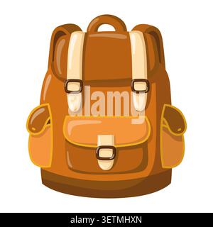 Cartoon hiking backpack with pockets. Vector isolated illustration on white background. Stock Vector
