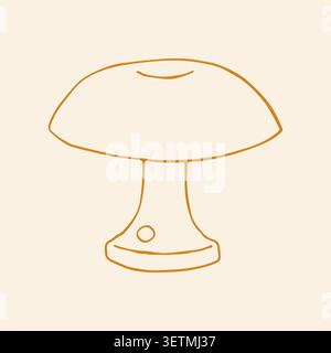 Hand drawn vector illustration of a minimalist mushroom desk lamp. Retro table light with simple lines and warm orange tones. Cozy aesthetic home Stock Vector