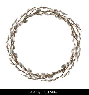 Round wreath made of natural willow branches with soft fluffy catkins, isolated on white background. Minimal spring frame for Easter, greeting cards, Stock Photo