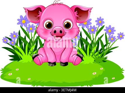 Vector illustration of a smiling pink piglet sitting in a meadow with purple daisies. Stock Vector