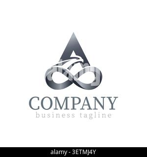 Modern and sophisticated letter A logo featuring a sleek eagle head integrated with an infinity symbol in a metallic silver gradient style. This premi Stock Vector