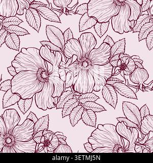 Vector rosa hip flowers line art seamless pattern illustration. Hand drawn blossom in vintage outline style. Lace pink design for wallpaper or textile. Natural floral ornament for wedding decoration. Stock Vector