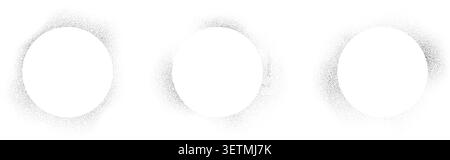 Spray stencil effect circle frame collection. Faded dot texture radial shape bundle. Stippled grain round border set. Rough circular boarder elements for text box, banner, poster, template. Vector Stock Vector