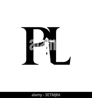 PL Monogram Logo with Lighthouse Negative Space Elegant Lettermark Design Stock Vector