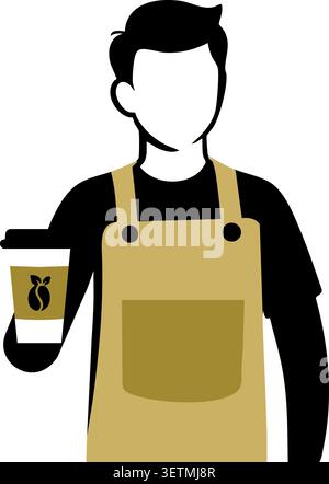 A standing barista in an apron carries a takeaway coffee cup Stock Vector